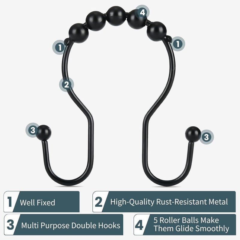 OEH Shower Curtain Hooks, Shower Curtain Rings, Black Shower Curtain Hooks Rust Proof, Smooth Gliding Metal Shower Curtain Rings Rust Proof, Double Shower Rings for Curtain, 12 Pcs, Black - Image 3